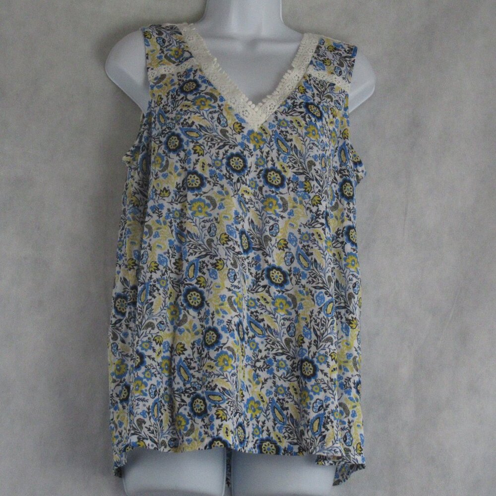 Style & Co. Women's Lace-Trim Sleeveless Top, Blue Yellow Floral, Small